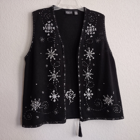 REBECCA MALONE Size 2X Ramie Cotton Black/Silver Embroidered Zip Christmas Vest - Picture 7 of 10